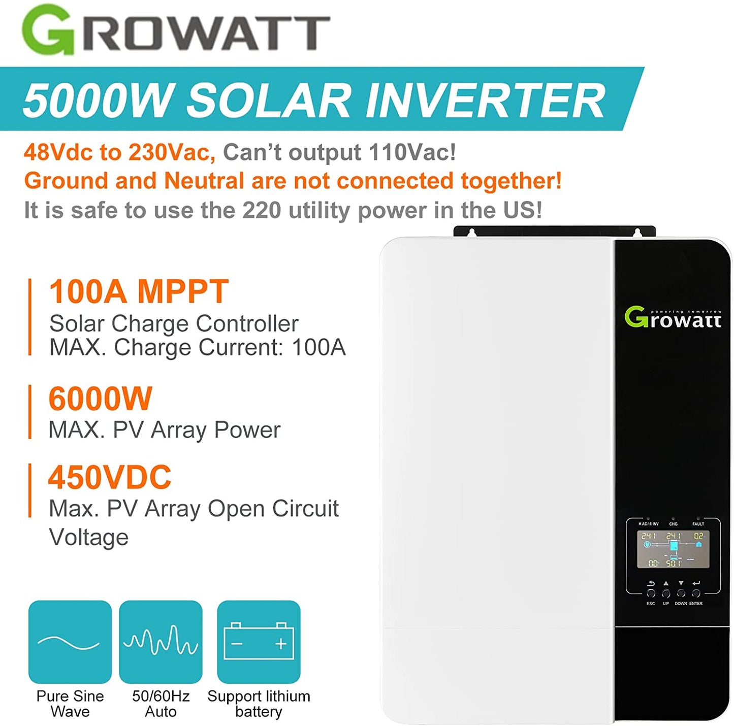 Growatt MPPT 5KW 48V Off Grid Solar Panel Inverter With 15kwh Battery and 5kw Panels